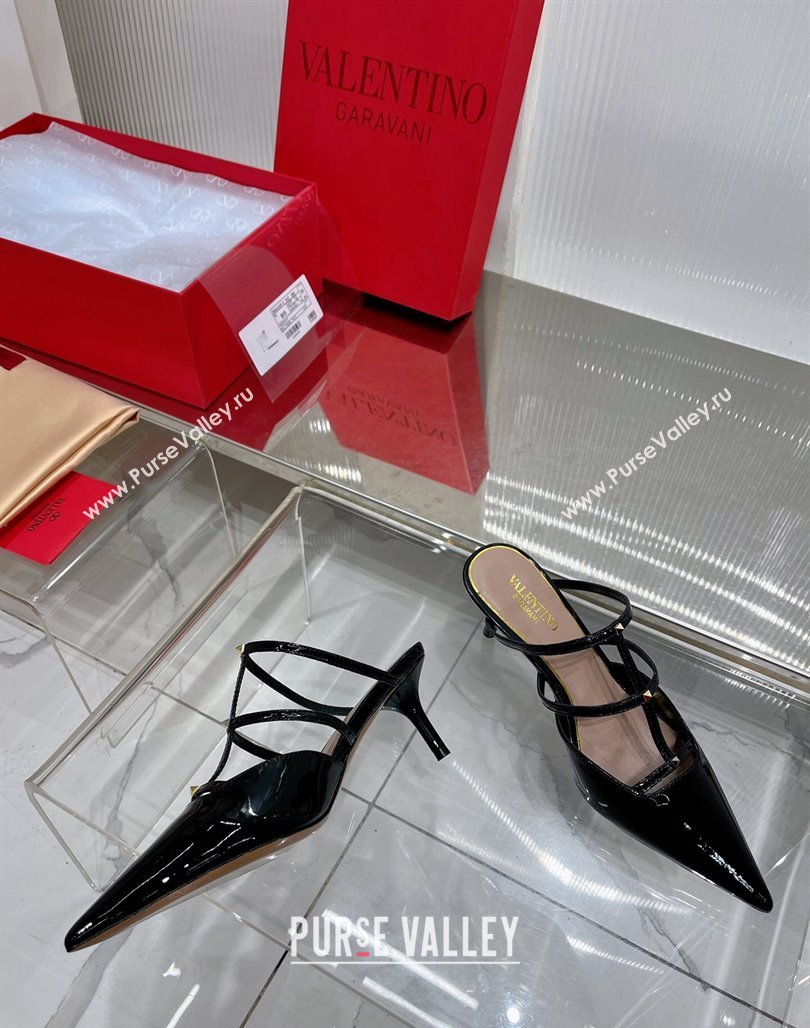 Valentino Rockstud Wispy Heel Mules 6cm in Patent Leather Black 2024 0227 (ZN-240227044)