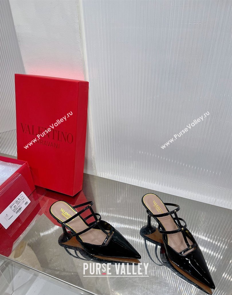 Valentino Rockstud Wispy Heel Mules 6cm in Patent Leather Black 2024 0227 (ZN-240227044)