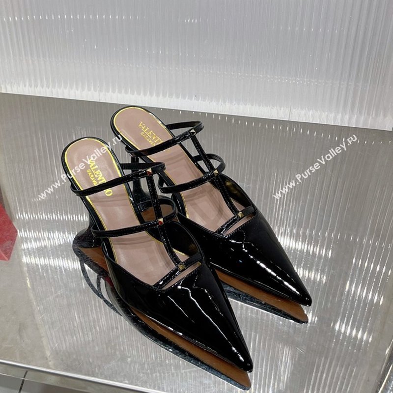 Valentino Rockstud Wispy Heel Mules 6cm in Patent Leather Black 2024 0227 (ZN-240227044)