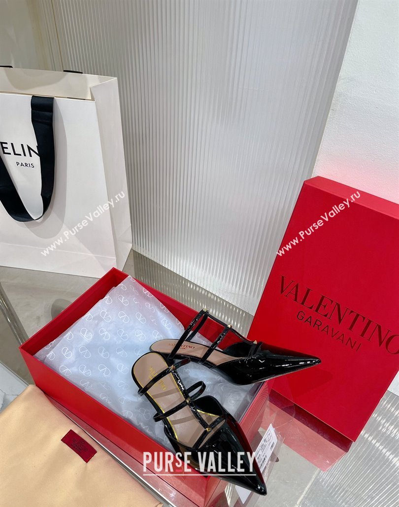 Valentino Rockstud Wispy Heel Mules 6cm in Patent Leather Black 2024 0227 (ZN-240227044)