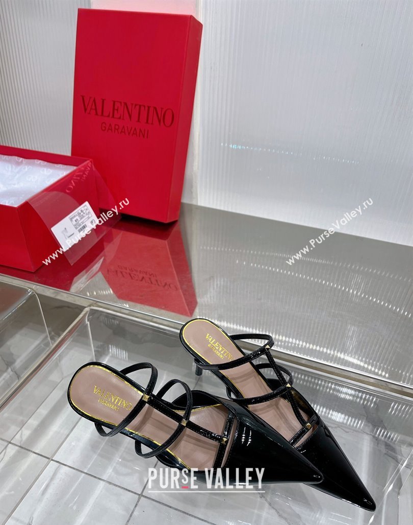 Valentino Rockstud Wispy Heel Mules 6cm in Patent Leather Black 2024 0227 (ZN-240227044)
