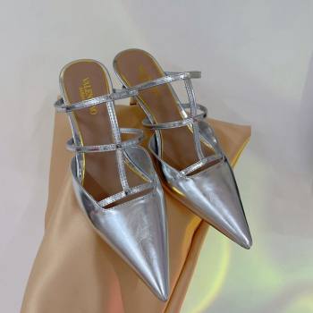 Valentino Rockstud Wispy Heel Mules 6cm in in Glazed Metallic Leather Silver 2024 0227 (ZN-240227045)