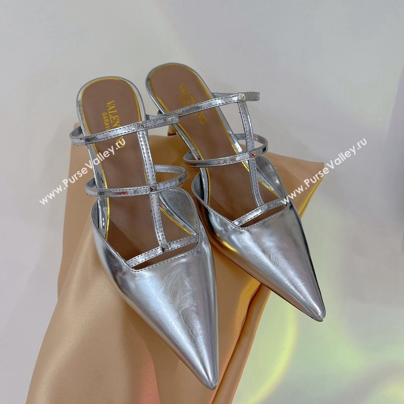 Valentino Rockstud Wispy Heel Mules 6cm in in Glazed Metallic Leather Silver 2024 0227 (ZN-240227045)