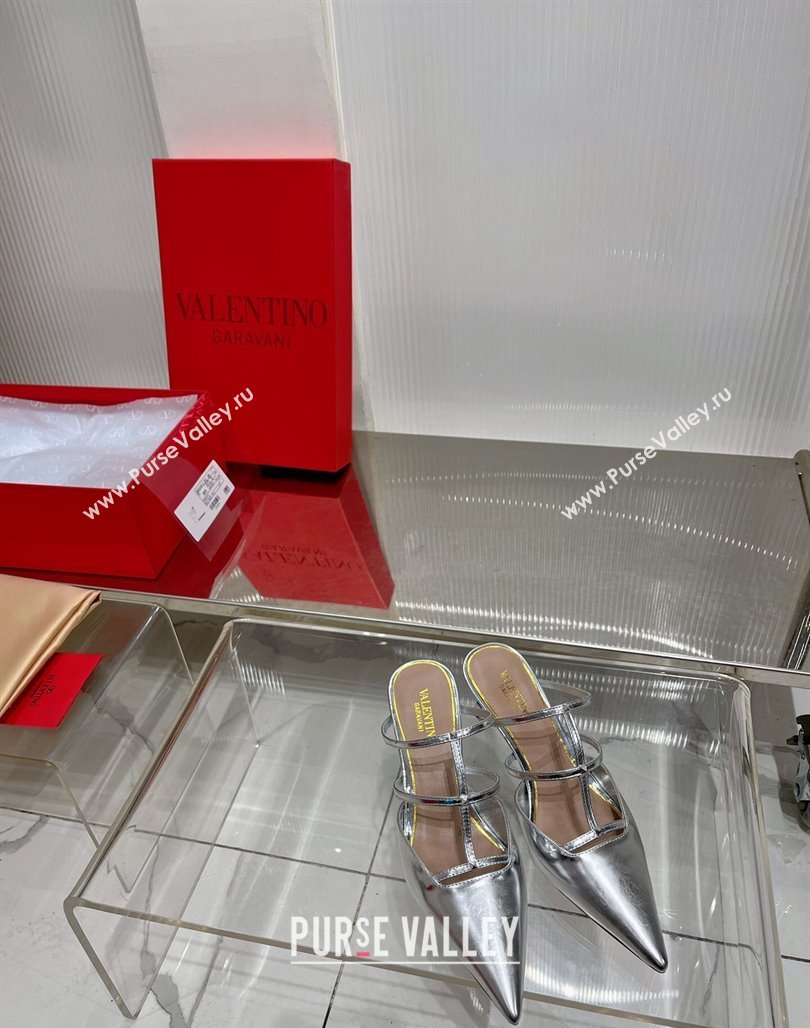Valentino Rockstud Wispy Heel Mules 6cm in in Glazed Metallic Leather Silver 2024 0227 (ZN-240227045)