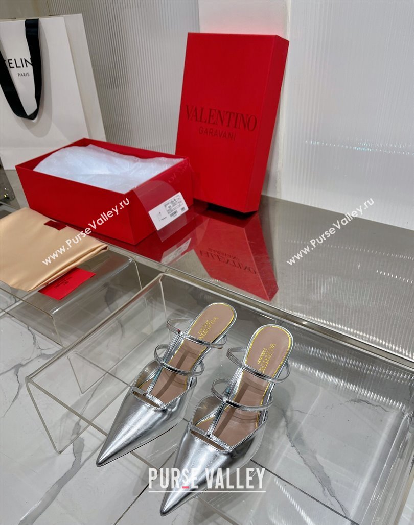Valentino Rockstud Wispy Heel Mules 6cm in in Glazed Metallic Leather Silver 2024 0227 (ZN-240227045)