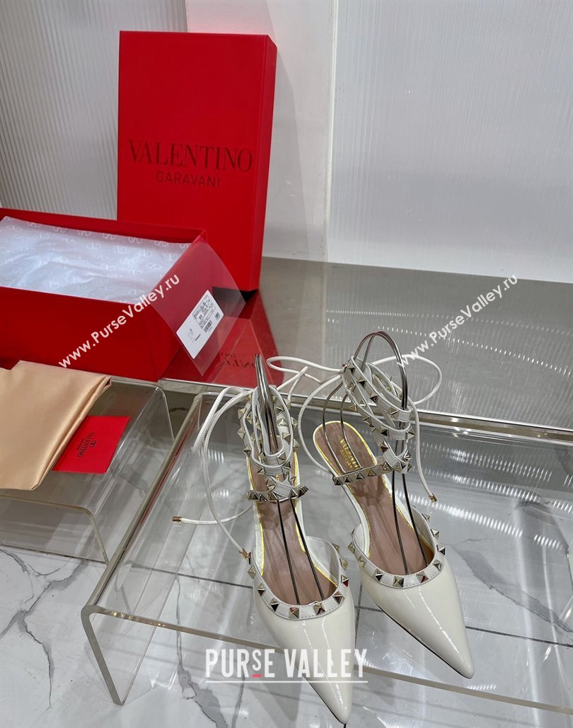 Valentino Rockstud Pumps 6cm with Wrap Strap and Lace-ups in Patent Leather White 2024 0227 (ZN-240227013)