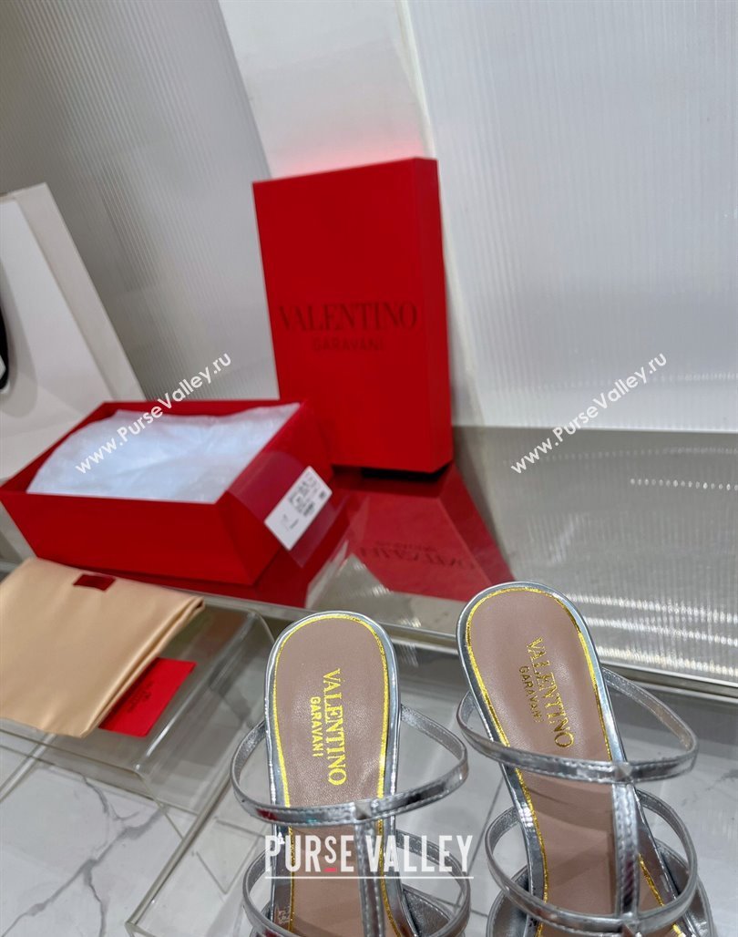 Valentino Rockstud Wispy Heel Mules 6cm in in Glazed Metallic Leather Silver 2024 0227 (ZN-240227045)