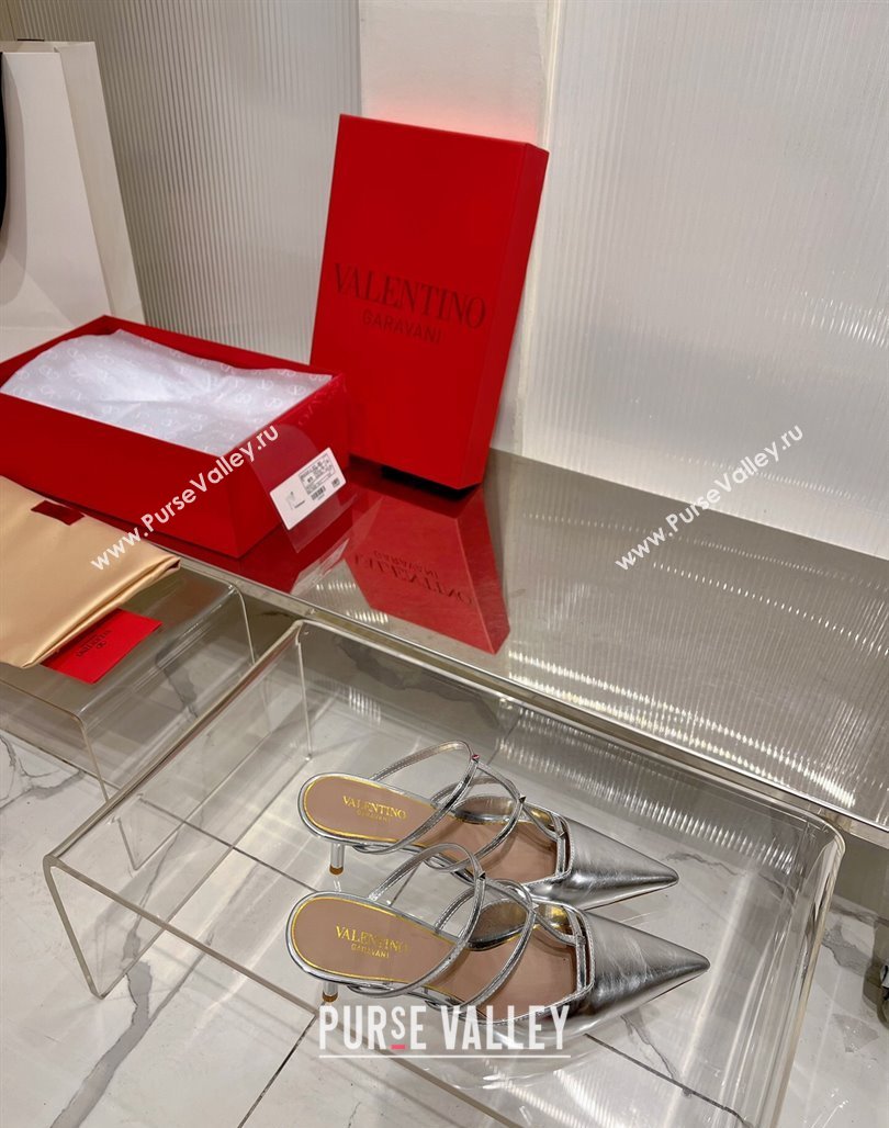 Valentino Rockstud Wispy Heel Mules 6cm in in Glazed Metallic Leather Silver 2024 0227 (ZN-240227045)