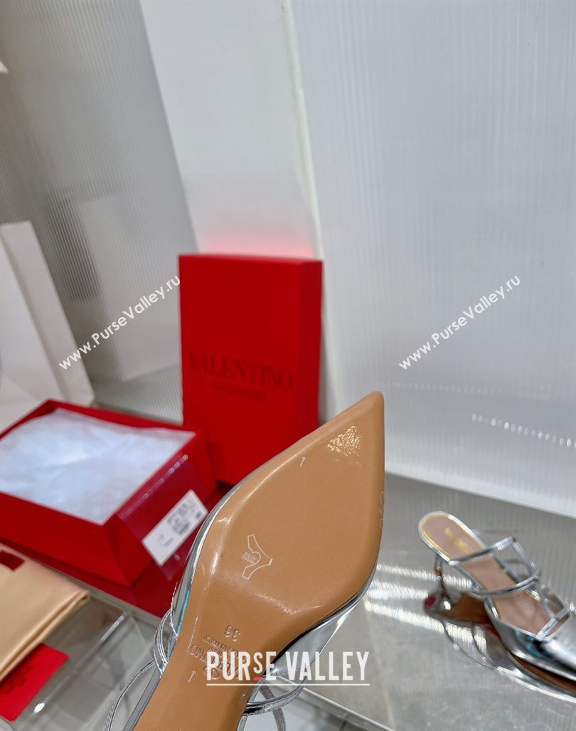 Valentino Rockstud Wispy Heel Mules 6cm in in Glazed Metallic Leather Silver 2024 0227 (ZN-240227045)