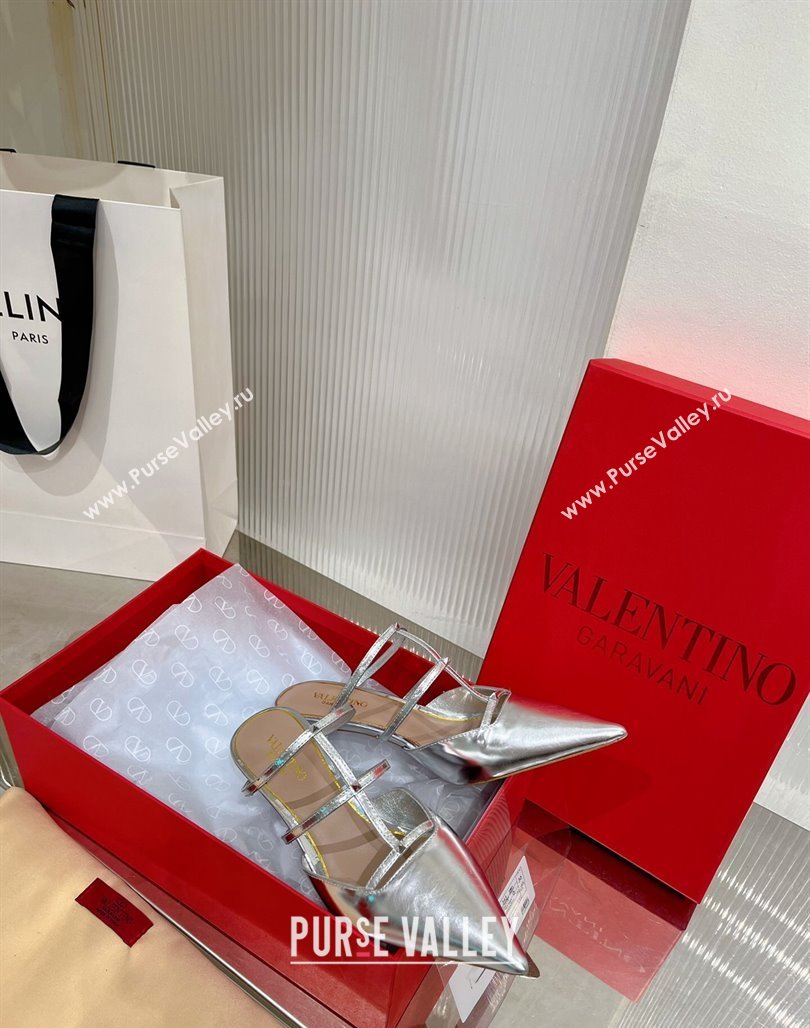 Valentino Rockstud Wispy Heel Mules 6cm in in Glazed Metallic Leather Silver 2024 0227 (ZN-240227045)