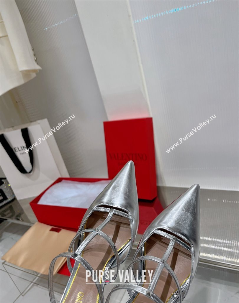 Valentino Rockstud Wispy Heel Mules 6cm in in Glazed Metallic Leather Silver 2024 0227 (ZN-240227045)