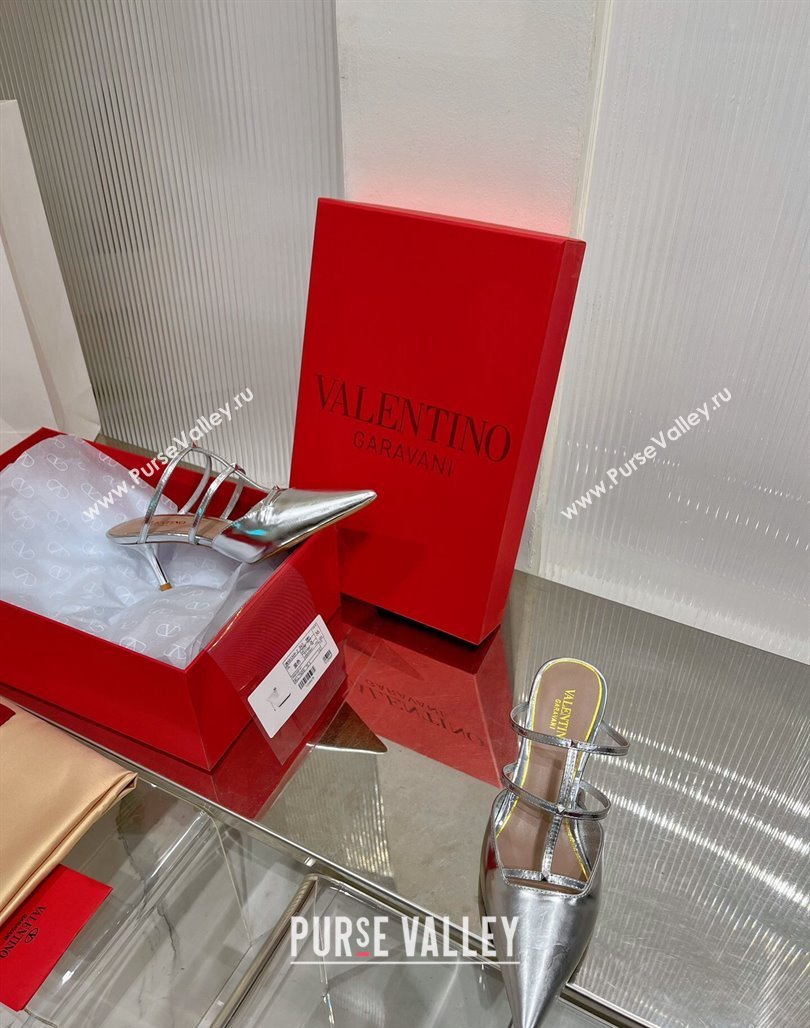 Valentino Rockstud Wispy Heel Mules 6cm in in Glazed Metallic Leather Silver 2024 0227 (ZN-240227045)