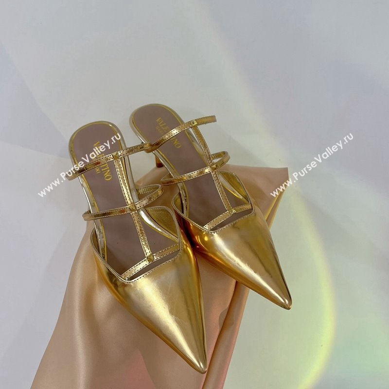 Valentino Rockstud Wispy Heel Mules 6cm in in Glazed Metallic Leather Gold 2024 0227 (ZN-240227046)