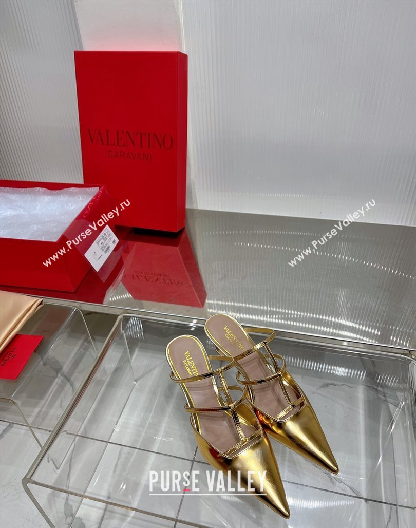 Valentino Rockstud Wispy Heel Mules 6cm in in Glazed Metallic Leather Gold 2024 0227 (ZN-240227046)