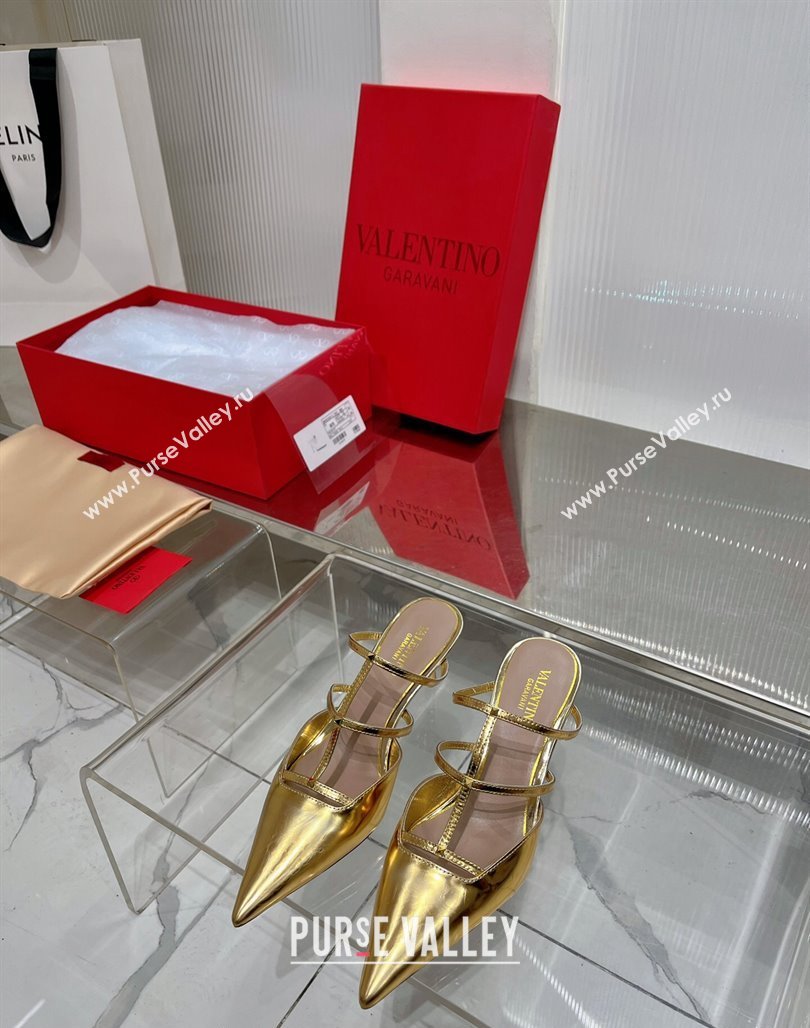 Valentino Rockstud Wispy Heel Mules 6cm in in Glazed Metallic Leather Gold 2024 0227 (ZN-240227046)