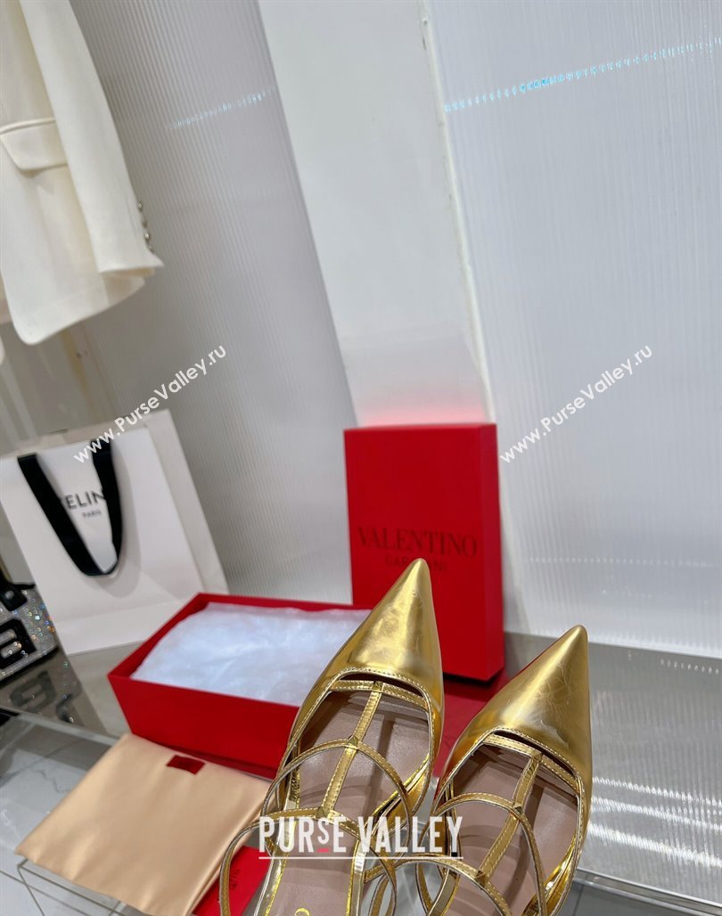 Valentino Rockstud Wispy Heel Mules 6cm in in Glazed Metallic Leather Gold 2024 0227 (ZN-240227046)