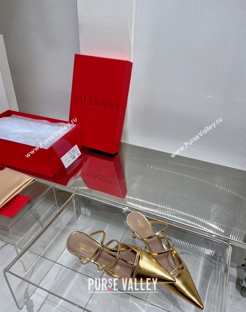 Valentino Rockstud Wispy Heel Mules 6cm in in Glazed Metallic Leather Gold 2024 0227 (ZN-240227046)