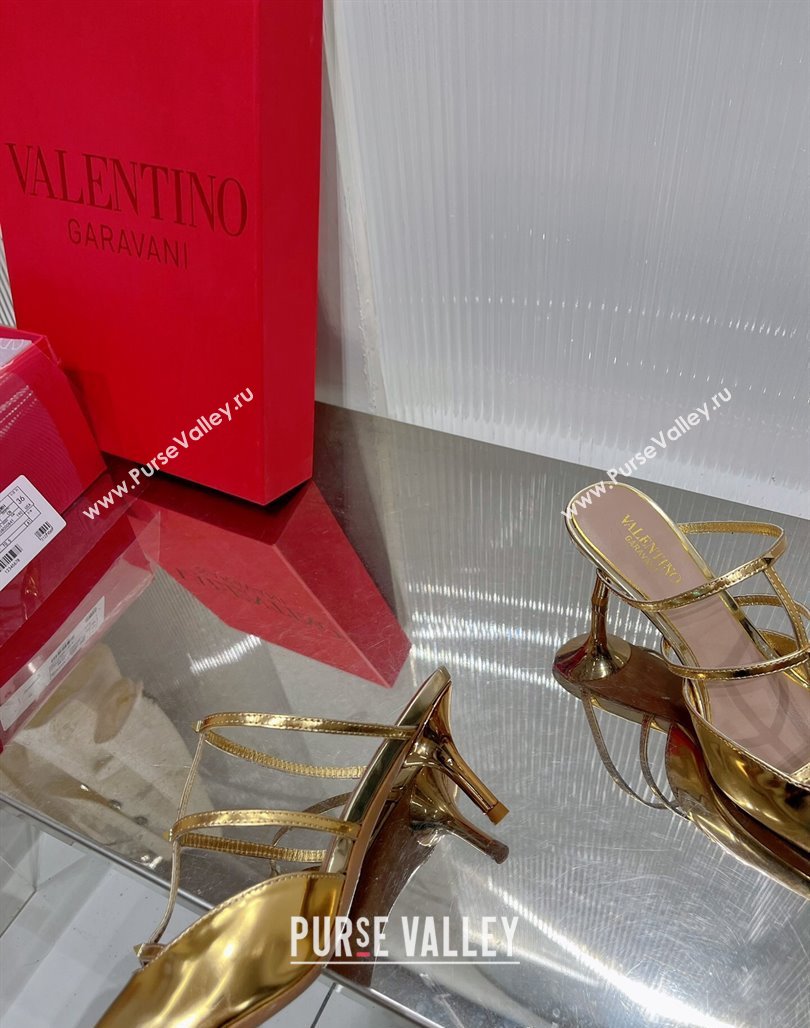 Valentino Rockstud Wispy Heel Mules 6cm in in Glazed Metallic Leather Gold 2024 0227 (ZN-240227046)