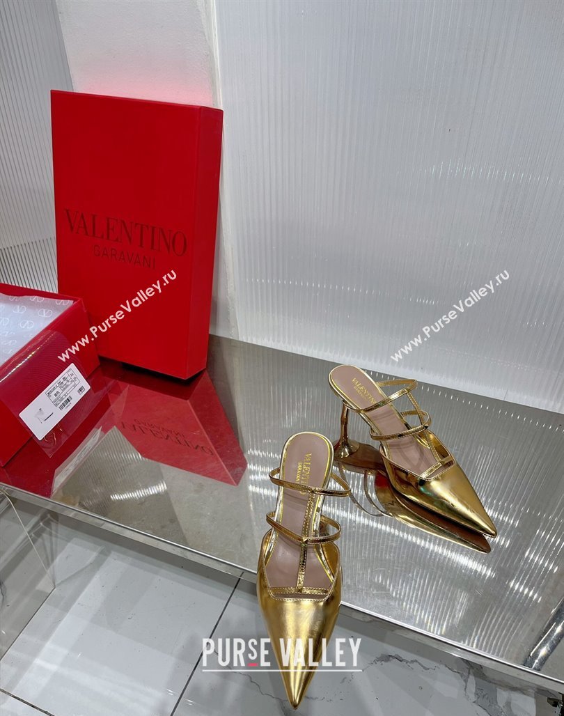 Valentino Rockstud Wispy Heel Mules 6cm in in Glazed Metallic Leather Gold 2024 0227 (ZN-240227046)