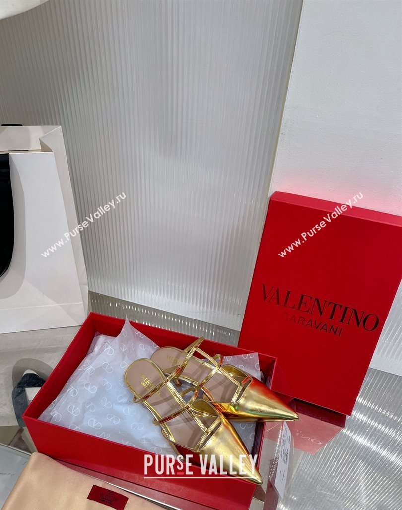 Valentino Rockstud Wispy Heel Mules 6cm in in Glazed Metallic Leather Gold 2024 0227 (ZN-240227046)