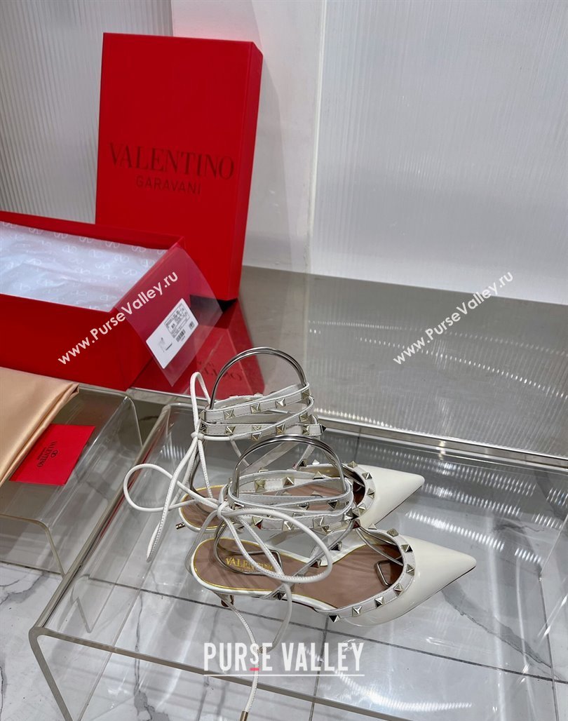 Valentino Rockstud Pumps 6cm with Wrap Strap and Lace-ups in Patent Leather White 2024 0227 (ZN-240227013)