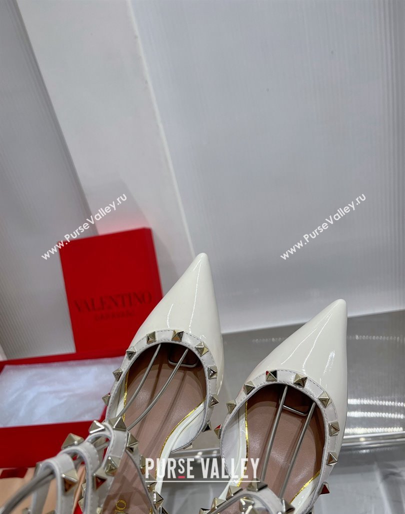 Valentino Rockstud Pumps 6cm with Wrap Strap and Lace-ups in Patent Leather White 2024 0227 (ZN-240227013)