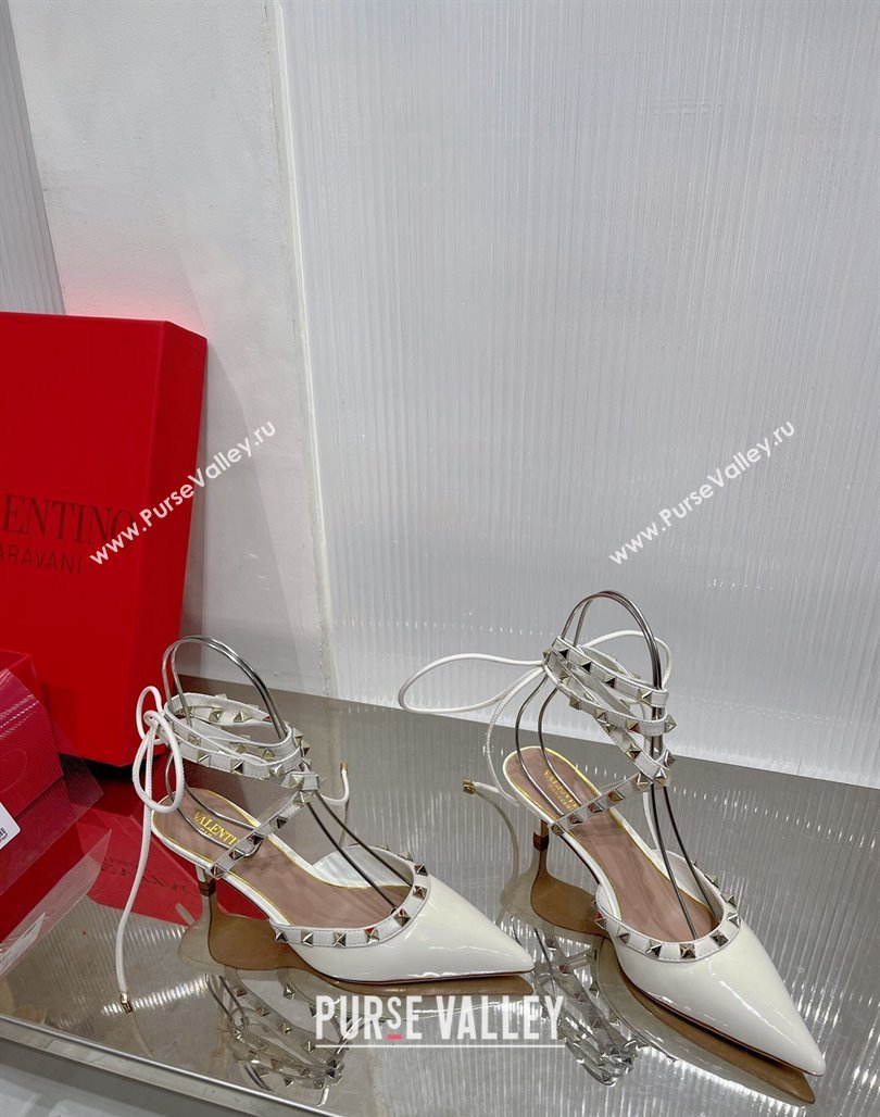 Valentino Rockstud Pumps 6cm with Wrap Strap and Lace-ups in Patent Leather White 2024 0227 (ZN-240227013)