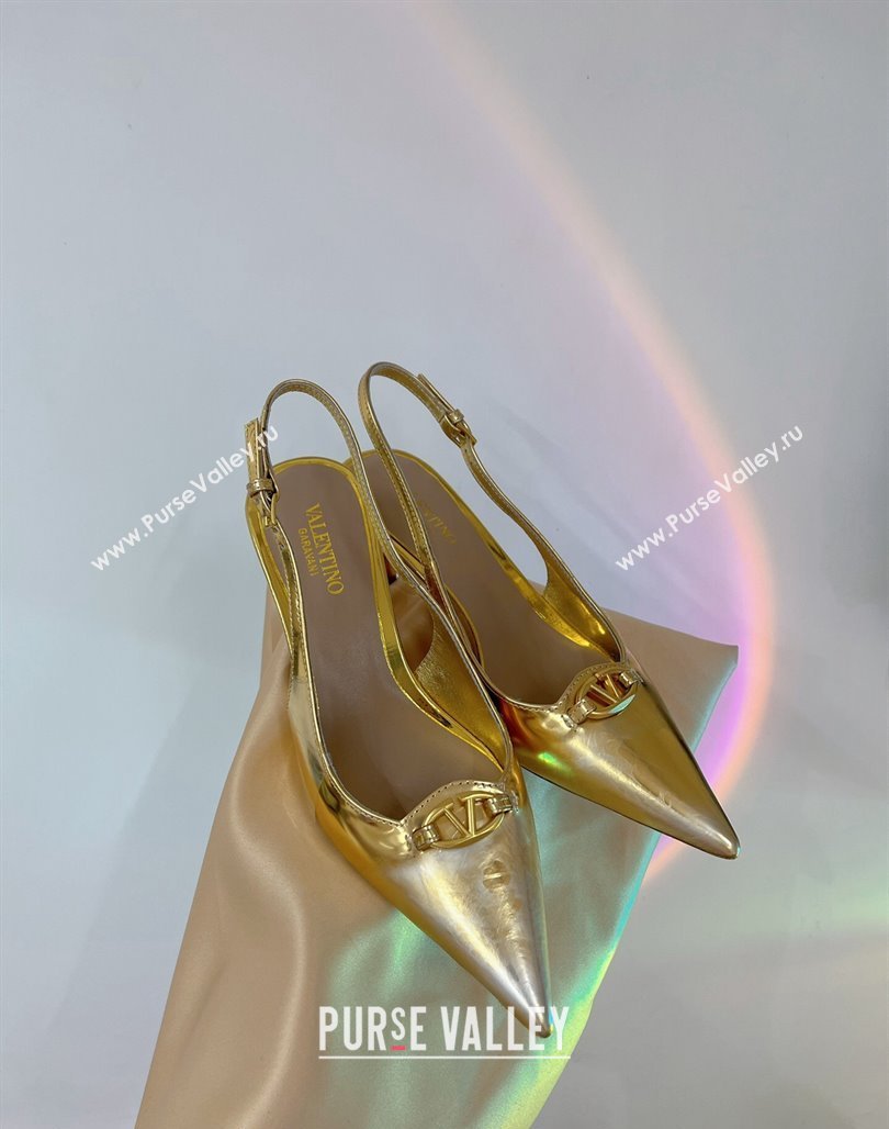 Valentino The Bold Edition VLogo Slingback Pumps 6cm in Glazed Metallic Leather Gold 2024 0227 (ZN-240227048)