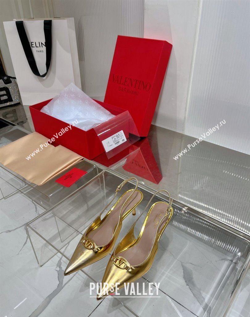 Valentino The Bold Edition VLogo Slingback Pumps 6cm in Glazed Metallic Leather Gold 2024 0227 (ZN-240227048)