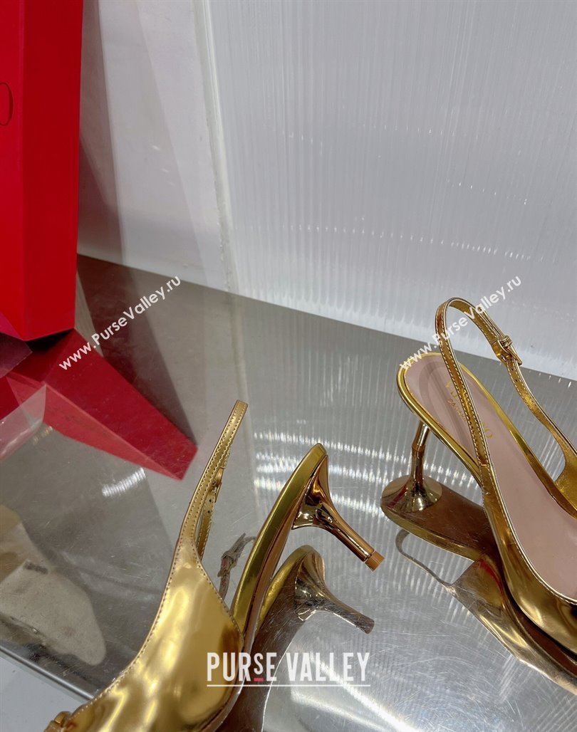 Valentino The Bold Edition VLogo Slingback Pumps 6cm in Glazed Metallic Leather Gold 2024 0227 (ZN-240227048)