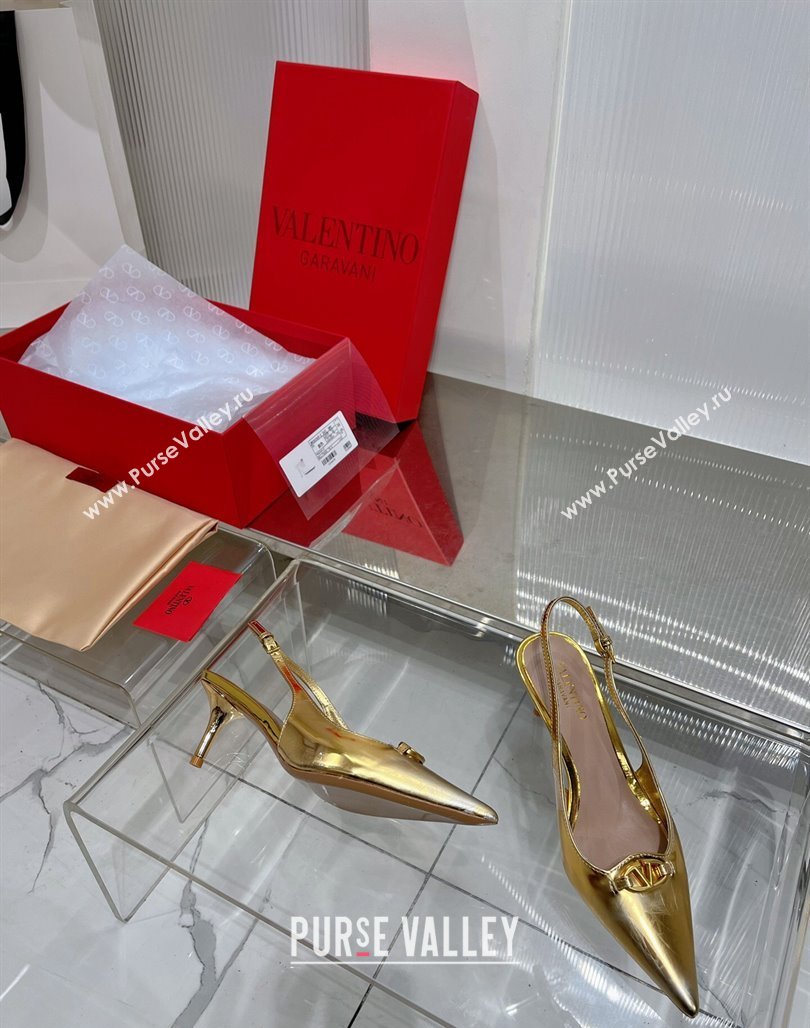 Valentino The Bold Edition VLogo Slingback Pumps 6cm in Glazed Metallic Leather Gold 2024 0227 (ZN-240227048)
