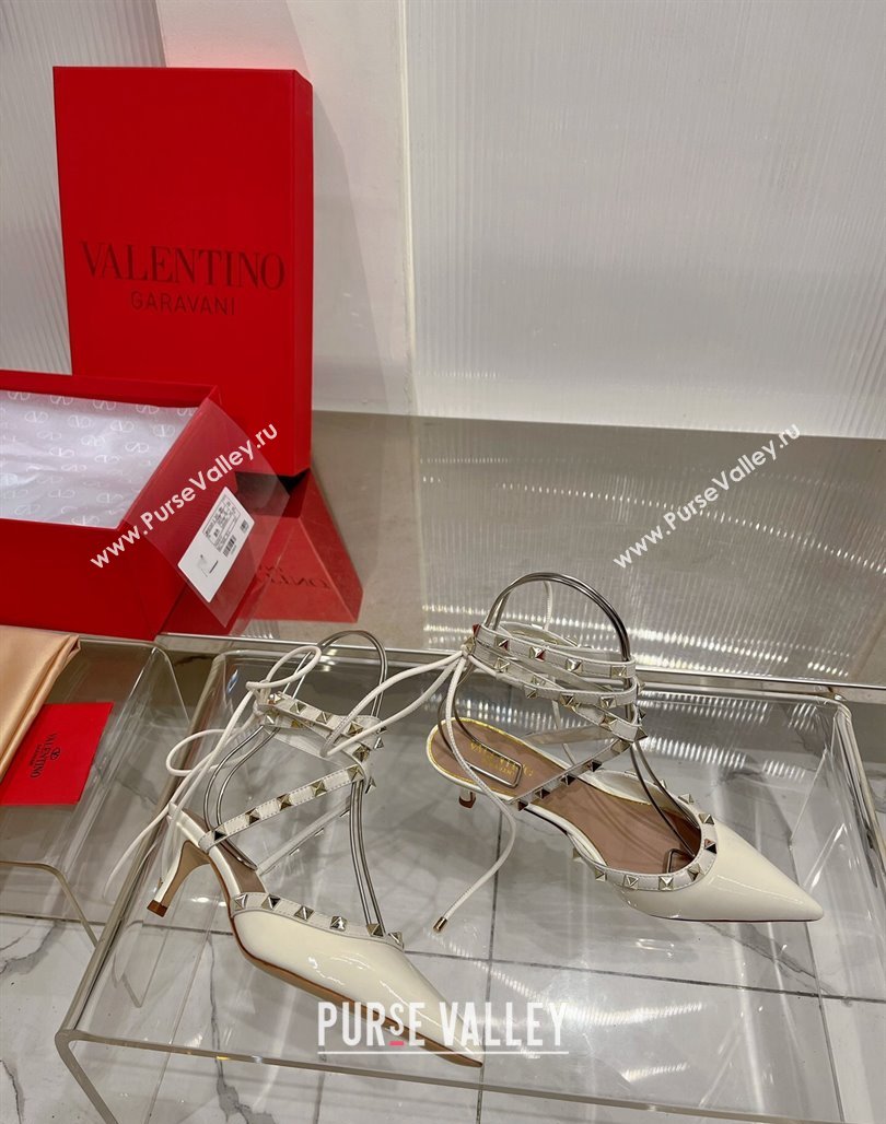Valentino Rockstud Pumps 6cm with Wrap Strap and Lace-ups in Patent Leather White 2024 0227 (ZN-240227013)