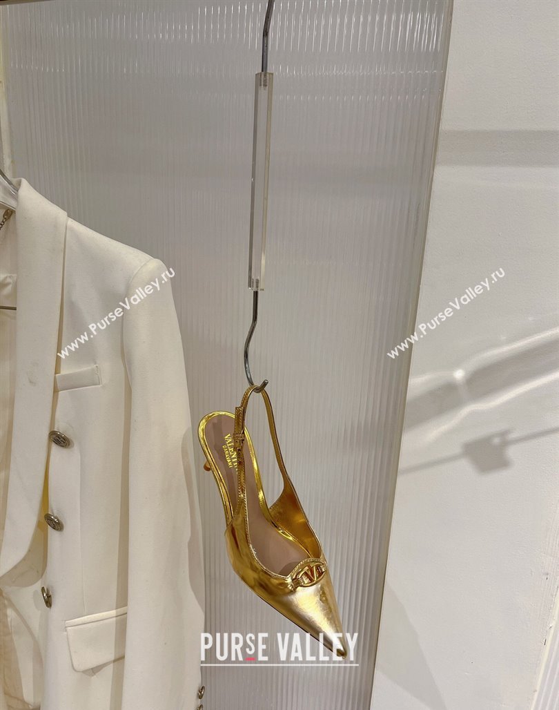 Valentino The Bold Edition VLogo Slingback Pumps 6cm in Glazed Metallic Leather Gold 2024 0227 (ZN-240227048)