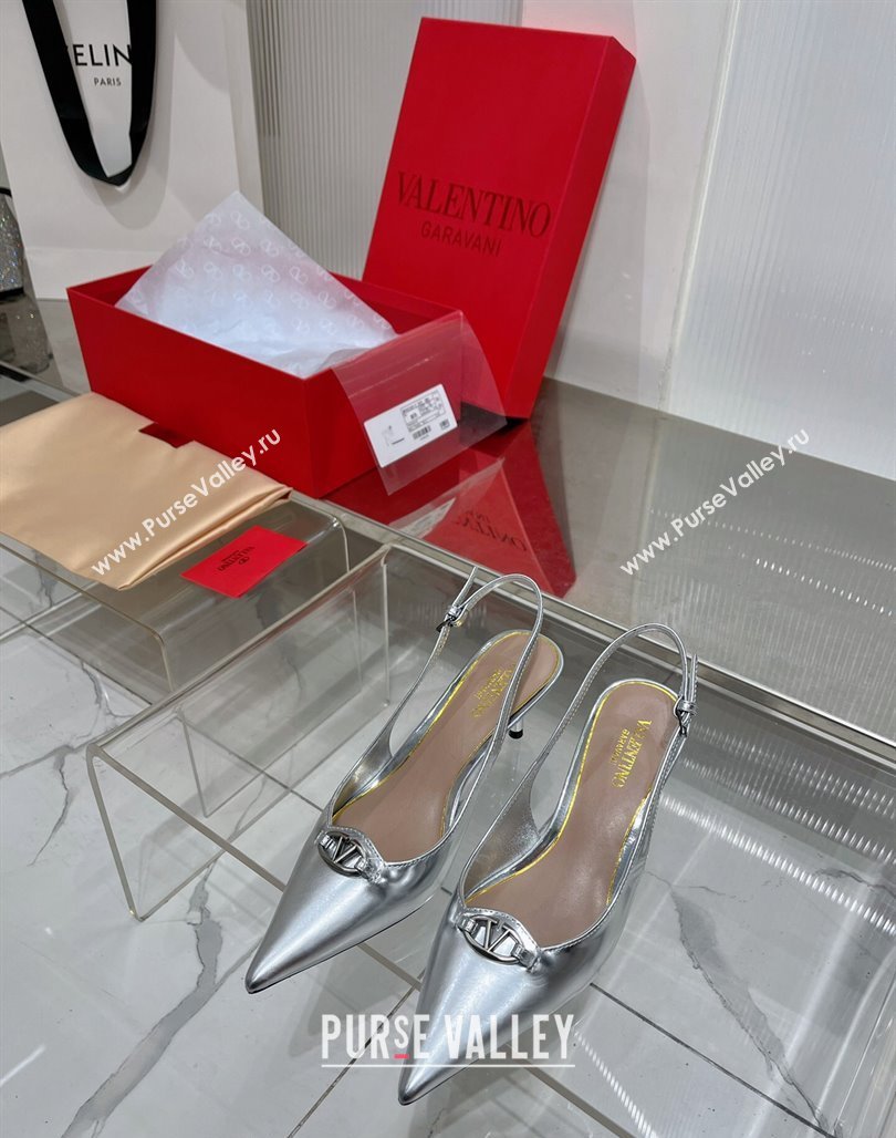 Valentino The Bold Edition VLogo Slingback Pumps 6cm in Glazed Metallic Leather Silver 2024 0227 (ZN-240227049)