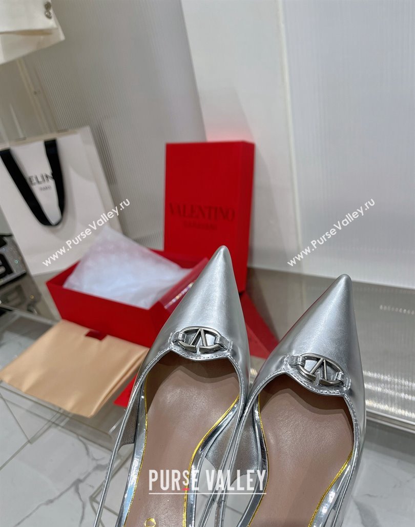 Valentino The Bold Edition VLogo Slingback Pumps 6cm in Glazed Metallic Leather Silver 2024 0227 (ZN-240227049)