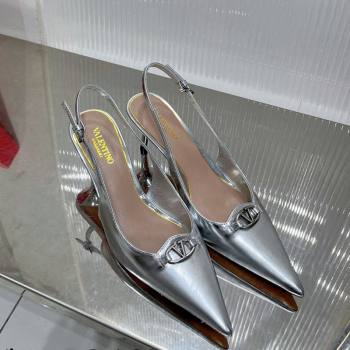 Valentino The Bold Edition VLogo Slingback Pumps 6cm in Glazed Metallic Leather Silver 2024 0227 (ZN-240227049)