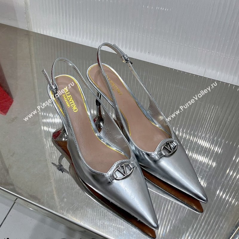 Valentino The Bold Edition VLogo Slingback Pumps 6cm in Glazed Metallic Leather Silver 2024 0227 (ZN-240227049)