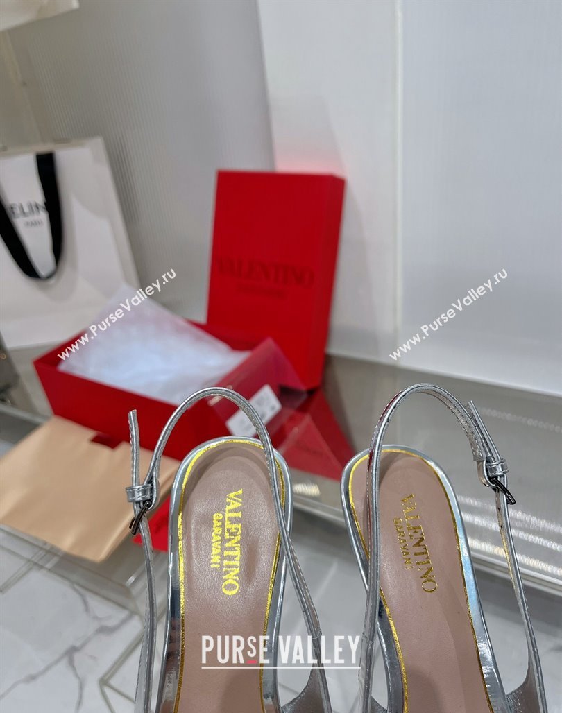 Valentino The Bold Edition VLogo Slingback Pumps 6cm in Glazed Metallic Leather Silver 2024 0227 (ZN-240227049)