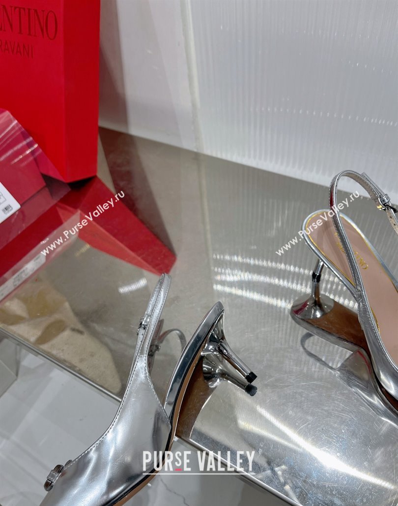 Valentino The Bold Edition VLogo Slingback Pumps 6cm in Glazed Metallic Leather Silver 2024 0227 (ZN-240227049)