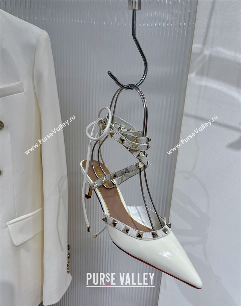 Valentino Rockstud Pumps 6cm with Wrap Strap and Lace-ups in Patent Leather White 2024 0227 (ZN-240227013)