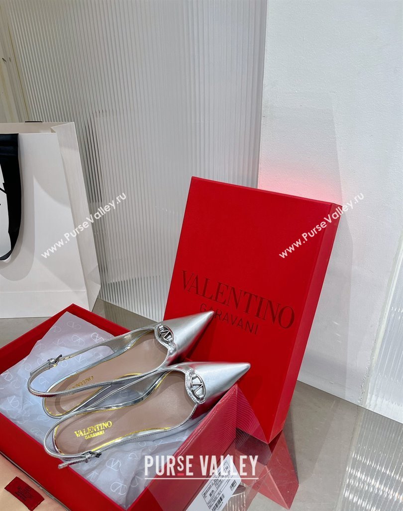 Valentino The Bold Edition VLogo Slingback Pumps 6cm in Glazed Metallic Leather Silver 2024 0227 (ZN-240227049)