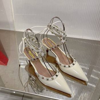 Valentino Rockstud Pumps 6cm with Wrap Strap and Lace-ups in Patent Leather White 2024 0227 (ZN-240227013)