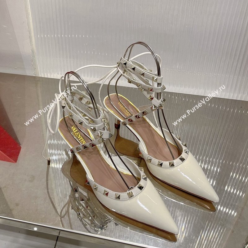 Valentino Rockstud Pumps 6cm with Wrap Strap and Lace-ups in Patent Leather White 2024 0227 (ZN-240227013)