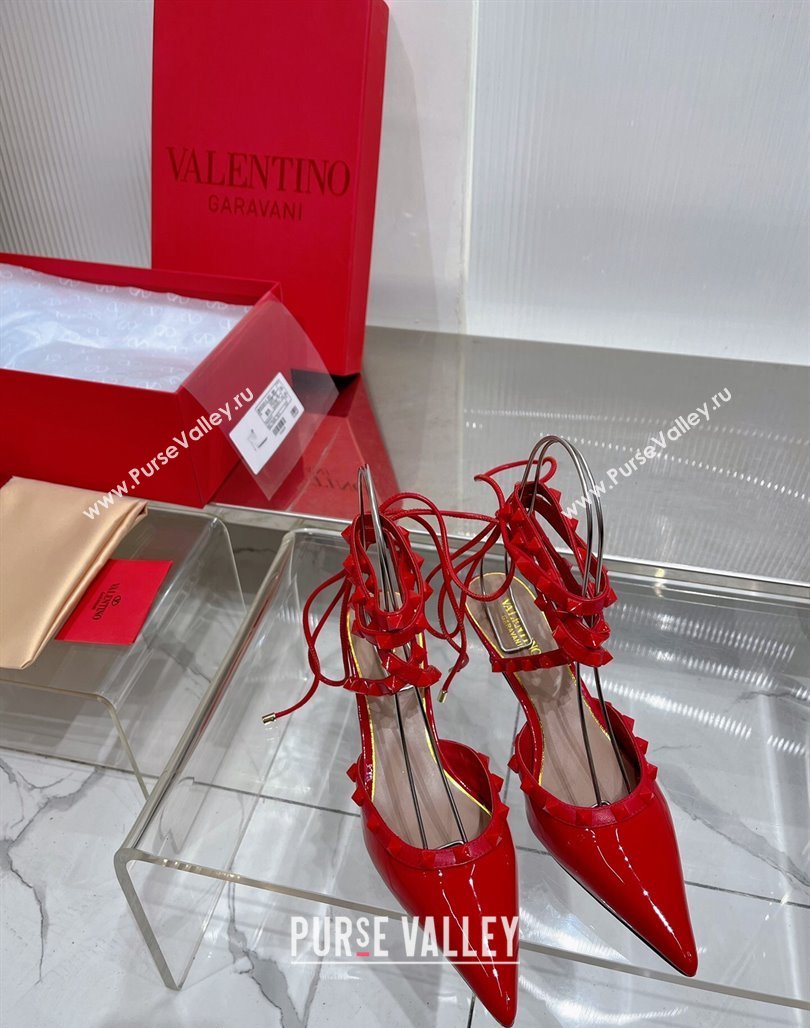 Valentino Rockstud Pumps 6cm with Wrap Strap and Lace-ups in Patent Leather Red 2024 0227 (ZN-240227014)