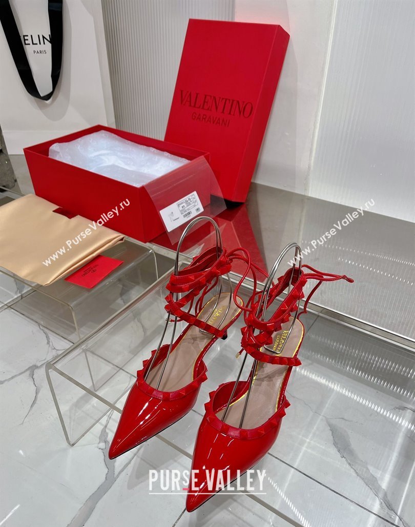 Valentino Rockstud Pumps 6cm with Wrap Strap and Lace-ups in Patent Leather Red 2024 0227 (ZN-240227014)