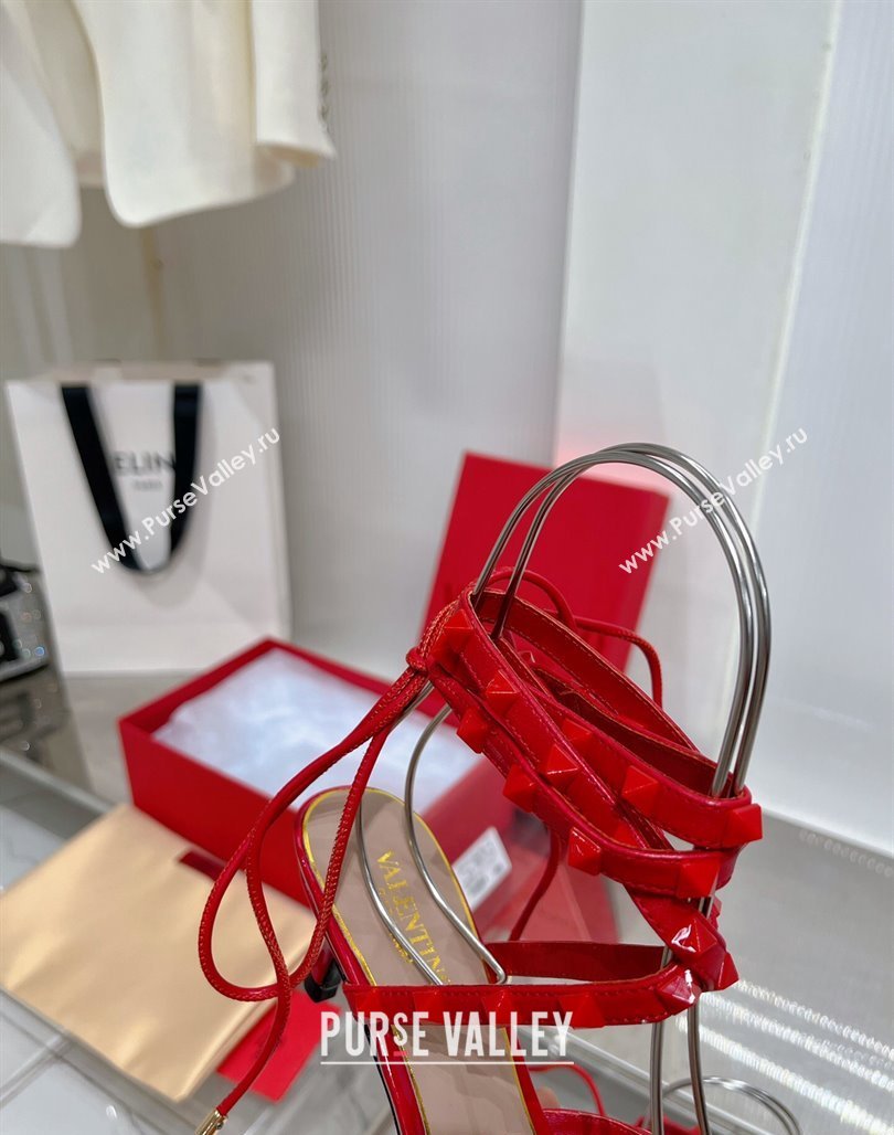 Valentino Rockstud Pumps 6cm with Wrap Strap and Lace-ups in Patent Leather Red 2024 0227 (ZN-240227014)