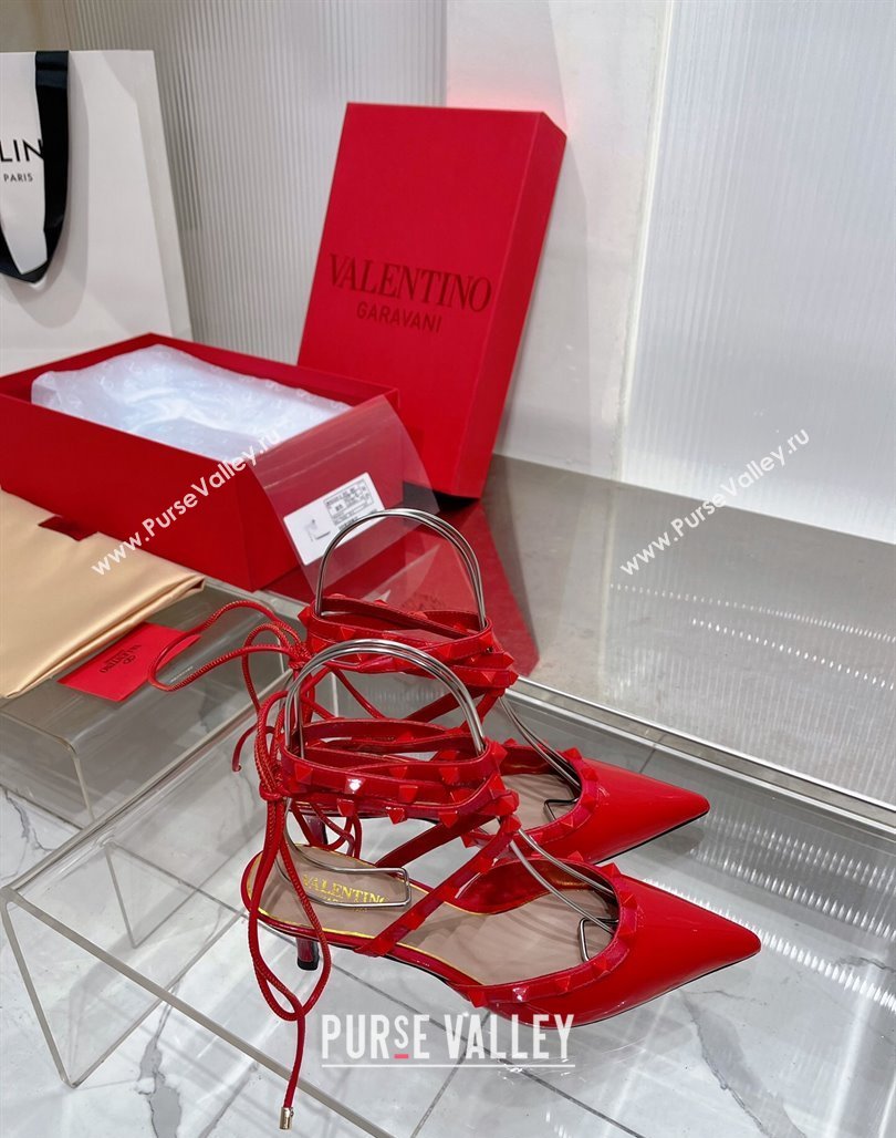 Valentino Rockstud Pumps 6cm with Wrap Strap and Lace-ups in Patent Leather Red 2024 0227 (ZN-240227014)
