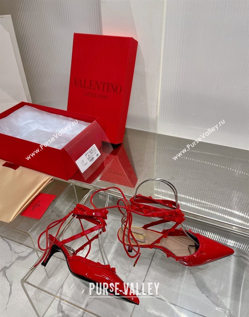 Valentino Rockstud Pumps 6cm with Wrap Strap and Lace-ups in Patent Leather Red 2024 0227 (ZN-240227014)