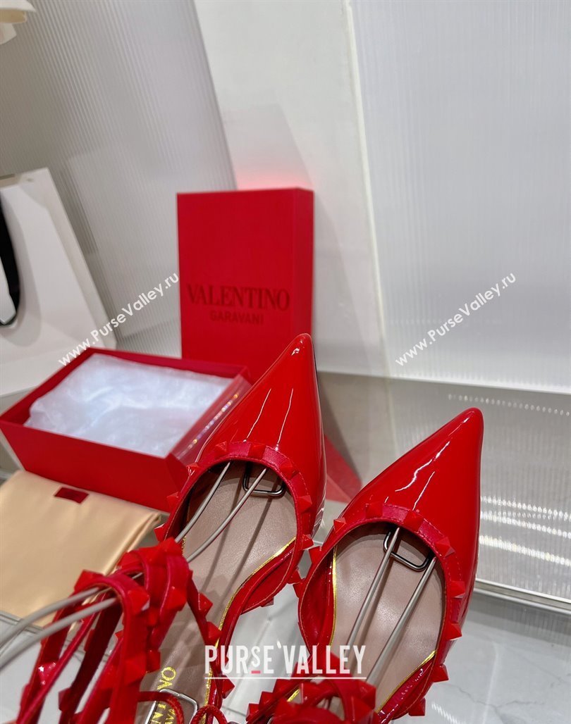 Valentino Rockstud Pumps 6cm with Wrap Strap and Lace-ups in Patent Leather Red 2024 0227 (ZN-240227014)