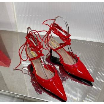 Valentino Rockstud Pumps 6cm with Wrap Strap and Lace-ups in Patent Leather Red 2024 0227 (ZN-240227014)